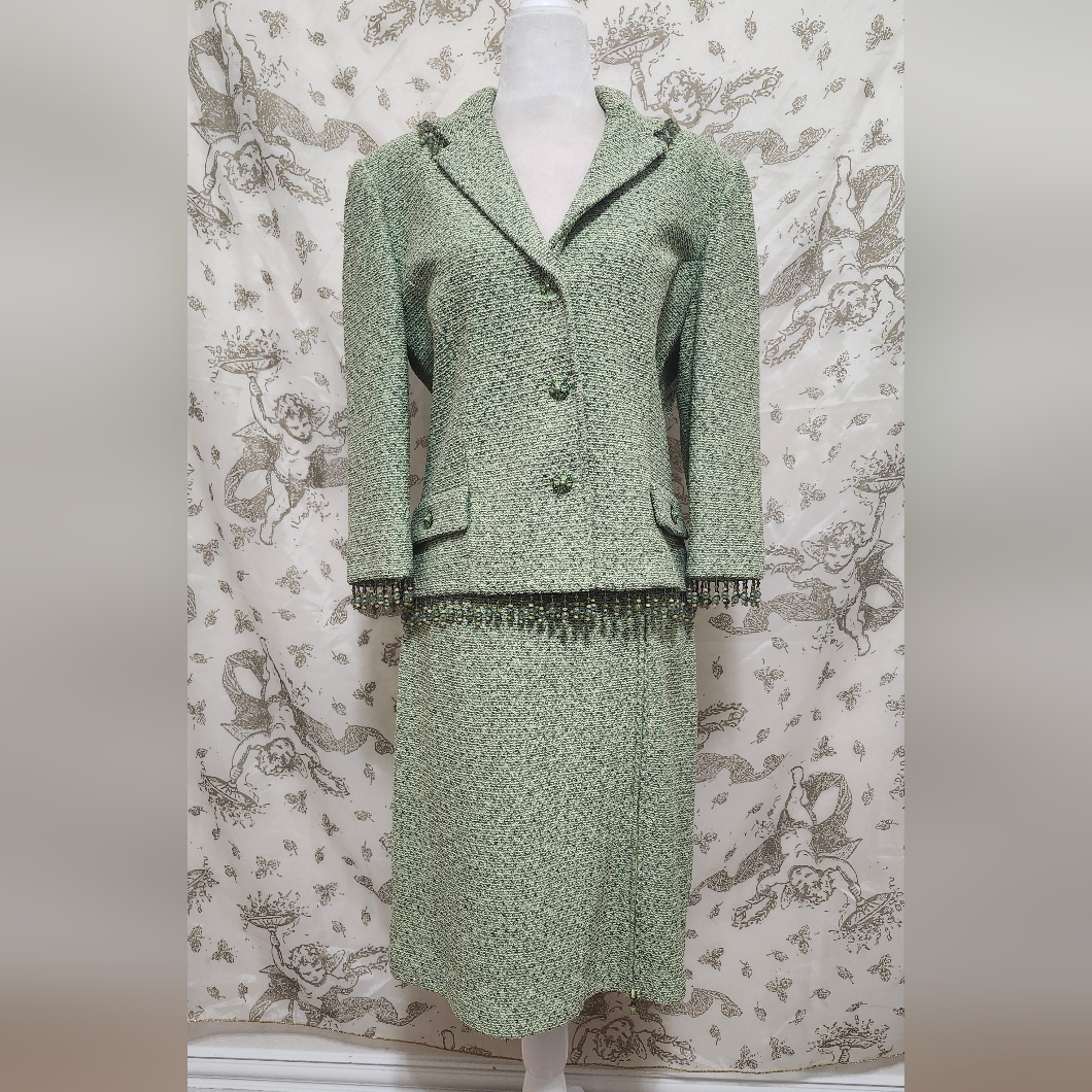 Stunning Rare Light Green Spring 2004 Vtg St John Beaded Fringe Skirt Set Sz 8